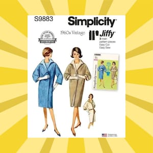 May include: A Simplicity S9883 1960s Vintage Jiffy sewing pattern envelope featuring illustrations of three coats in blue, tan, and white. The text includes 'Simplicity', '1960s Vintage', 'Jiffy', '3 main pattern pieces', 'Easy Cut', and 'Easy Sew'.