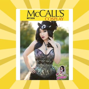 May include: A McCall's Cosplay sewing pattern, M7339, featuring a woman in a black and silver corset, black hat with feathers, and a black skirt. The image is set against a blurred outdoor background.