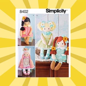 May include: Simplicity pattern 8402 features three different doll designs. The dolls have fabric bodies, detailed clothing, and various hairstyles. The dolls are wearing dresses and have floral accents in their hair. The pattern is displayed on a white background with a yellow sunburst design.