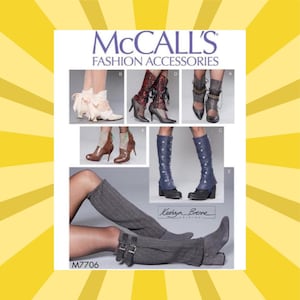 May include: A McCall's Fashion Accessories pattern featuring various boot and leg warmer designs. The image showcases several styles, including lace-up, studded, and buckled options, with a variety of heel heights and materials. The pattern number M7706 is visible.