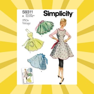 Könnte beinhalten: Simplicity Schnittmuster S9311 mit Vintage-Schürzen-Designs aus den 1950er Jahren. Das Muster enthält Illustrationen verschiedener Schürzenstile in Grün, Gelb und Blau, mit einer Frau, die eine Schürze modelliert. Der Text "1950s Vintage" ist sichtbar.