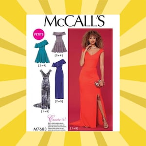 May include: A McCall's sewing pattern featuring several dress designs, including a red formal gown with a high slit. The pattern also shows a teal off-the-shoulder dress, a striped dress, a blue one-shoulder dress, and a sequined gown. The pattern number is M7683.