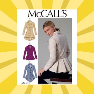 May include: McCall's sewing pattern M7513 featuring a woman wearing a light-colored jacket with a pleated peplum. The pattern includes illustrations of similar jackets in beige, purple, and blue. The McCall's logo is at the top.