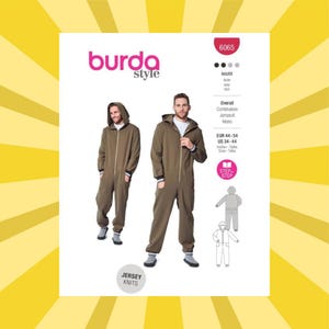 May include: A Burda Style pattern for a jumpsuit, featuring two images of a person wearing a brown jumpsuit with a hood and a zipper. The pattern includes sizing information in US and European sizes, and the words "Jersey Knits" are visible.