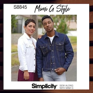 May include: A couple poses in front of a house. The woman is wearing a white denim jacket and a burgundy dress. The man is wearing a blue denim jacket and grey jeans. The image includes the text "S8845 Mimi G Style" and "Simplicity Sew Along with Mimi G".