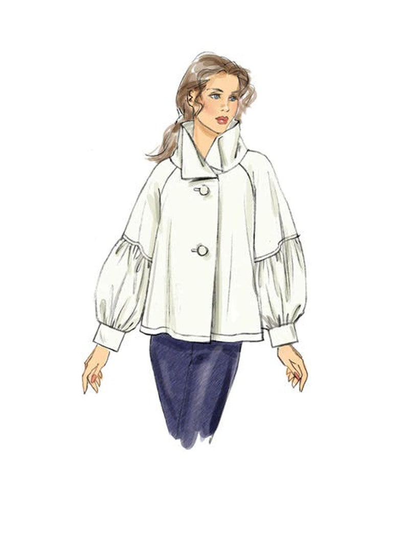 Puede incluir: Ilustraci&oacute;n de una chaqueta blanca con cuello alto y dos botones. La chaqueta tiene mangas largas y abullonadas y se combina con pantalones azul oscuro. Es un boceto de dise&ntilde;o de moda.