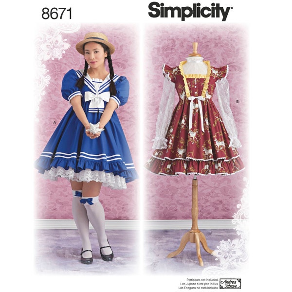 Simplicity 8671 / S8671 Sewing Pattern for Womens Lolita Dress, Pinafore and Ruffle - Size 4 6 8 10 12 or 12 14 16 18 20 - NEW UNCUT F/F