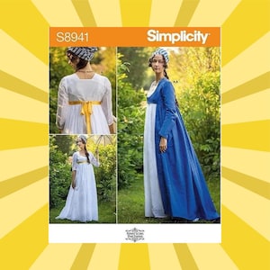 May include: Simplicity sewing pattern S8941 featuring historical Regency era dresses. The pattern includes a white dress with a yellow sash and a blue dress with white underdress. The image includes the text "Simplicity" and "American Duchess".