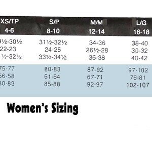 May include: A chart showing women's sizing for clothing patterns. The chart shows sizes XS/TP through XL/TG, with corresponding bust, waist, and hip measurements in inches. The chart also shows the French equivalent sizes for each size.