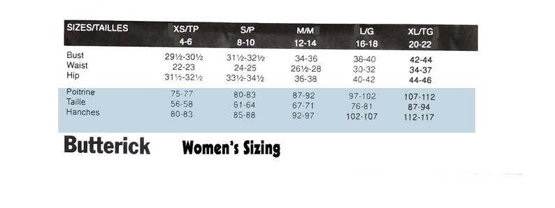 May include: A chart showing women's sizing for clothing patterns. The chart shows sizes XS/TP through XL/TG, with corresponding bust, waist, and hip measurements in inches. The chart also shows the French equivalent sizes for each size.