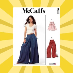 May include: McCall's sewing pattern M8292 featuring a woman wearing wide-leg denim pants. The pattern includes illustrations of a skirt and pants. The McCall's logo is at the top, with the pattern number and a small American flag.