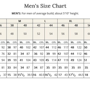 May include: Men's size chart with measurements in inches and centimeters. Includes chest, waist, hip, shirt sleeve, and neckband sizes, ranging from XS to XXXL. The chart is for men of average build, about 5'10" tall.