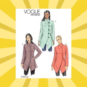 May include: Vogue Patterns sewing pattern featuring three coat designs. The coats are shown in pink, coral, and mint green. The pattern number is V9212. The coats have asymmetrical hemlines and unique collar designs.
