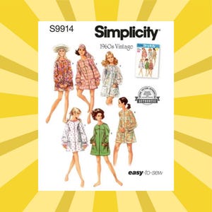 May include: Simplicity sewing pattern S9914 featuring 1960s vintage designs. The pattern includes illustrations of various mini-dress styles in different colors and patterns. The text "easy-to-sew" is visible.