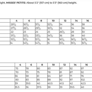 May include: A detailed size chart for clothing, featuring measurements in inches and centimeters. The chart includes bust, chest, waist, and hip measurements, with sizes ranging from 4 to 26. It also provides back waist and petite back waist length measurements.