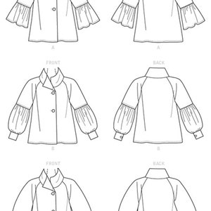 Puede incluir: Dibujos lineales de tres dise&ntilde;os de blusas diferentes, cada uno mostrando vistas frontal y posterior. Las blusas presentan varios estilos de mangas, incluyendo mangas con volantes, abullonadas y ajustadas. Cada blusa tiene una parte delantera abotonada y un cuello.
