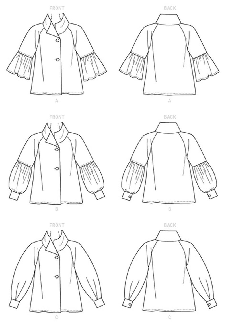 Puede incluir: Dibujos lineales de tres dise&ntilde;os de blusas diferentes, cada uno mostrando vistas frontal y posterior. Las blusas presentan varios estilos de mangas, incluyendo mangas con volantes, abullonadas y ajustadas. Cada blusa tiene una parte delantera abotonada y un cuello.