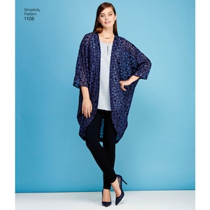 May include: Simplicity Pattern 1108 features a loose-fitting, open-front kimono-style cardigan with three-quarter length sleeves. The garment is made of a dark blue, semi-sheer fabric with a textured, repeating organic pattern throughout the design.