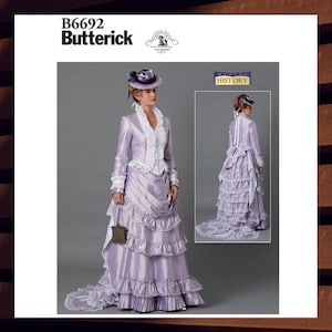 May include: A vintage-inspired dress pattern with a long, flowing skirt and a fitted bodice. The pattern is for a dress with a ruffled skirt and a lace trim. The pattern is from Butterick and is for a historical costume.