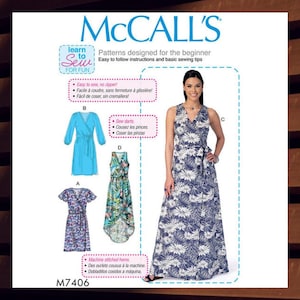 Easy Sewing Pattern for Womens Wrap Dress - Size 6 8 10 12 14 or 14 16 18 20 22 Sleeve, Length Options - UNCUT F/F - OOP McCalls 7406 M7406