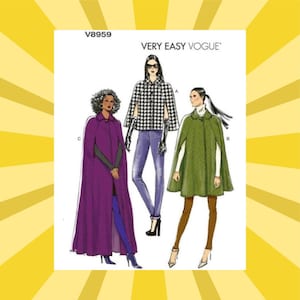 May include: A sewing pattern titled "V8959" from Very Easy Vogue. The pattern features illustrations of three capes in different colors and styles. One is a long purple cape, another is a black and white checkered cape, and the third is a short green cape.