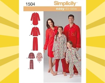 Easy Sewing Pattern for Men, Women & Kids Pajamas - Adult XS-XL + Kids 4-16 Christmas Family Pjs - UNCUT F/F - Simplicity 1504 S1504