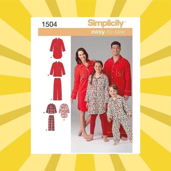 Easy Sewing Pattern for Men, Women & Kids Pajamas - Adult XS-XL + Kids 4-16 Christmas Family Pjs - UNCUT F/F - Simplicity 1504 S1504