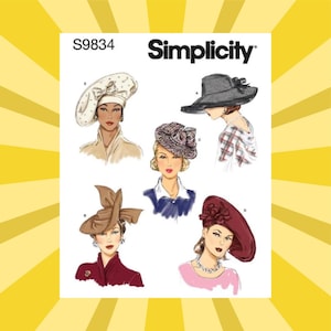 May include: Simplicity S9834 pattern showing illustrations of vintage hats. The hats include a white hat with a bow, a wide-brimmed grey hat, a patterned cloche, a brown hat with a large bow, and a burgundy hat with a flower.