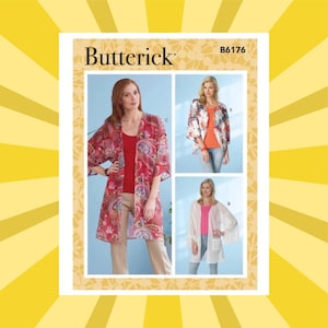 May include: A Butterick sewing pattern, B6176, features three different styles of open-front jackets. The jackets are shown in red paisley, floral, and white lace fabrics. The pattern includes a variety of sizes and design options.