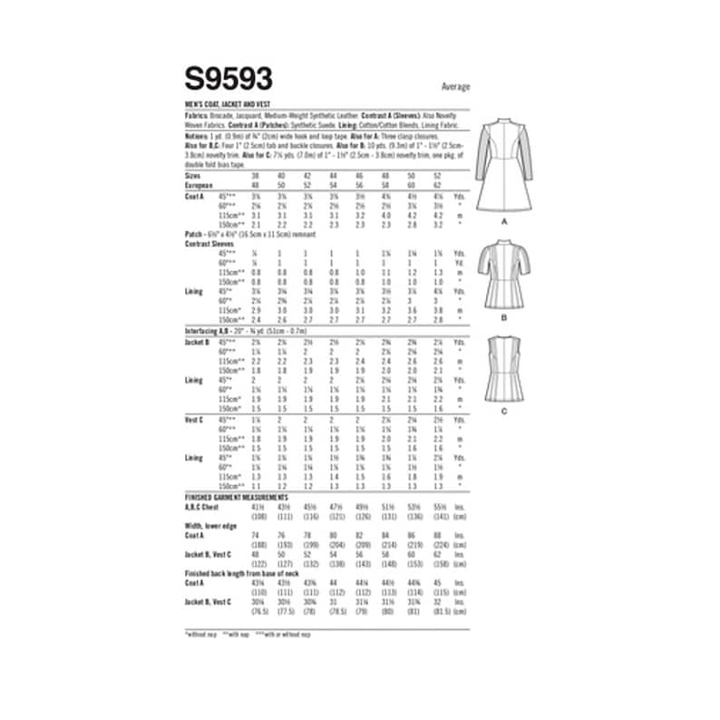 May include: A sewing pattern for a men's coat, jacket, and vest, labelled S9593. The pattern includes size charts and fabric requirements. The image shows diagrams of the garments.
