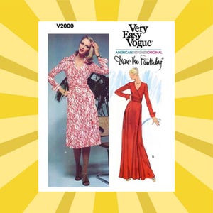 Könnte beinhalten: Ein Vintage-Schnittmuster von Very Easy Vogue mit zwei Kleiderdesigns. Ein Kleid ist ein knielanges Wickelkleid mit einem rot-weißen Muster. Das andere ist ein langes, einfarbiges rotes Wickelkleid. Das Schnittmuster ist von Diane Von Furstenberg.