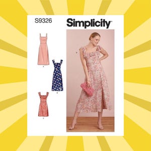 May include: Simplicity S9326 sewing pattern featuring three dress designs. The dresses include a solid pink dress, a blue floral dress, and a red floral dress. The image also shows a woman wearing a floral dress with a pink clutch.