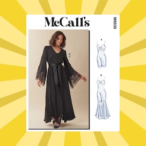 May include: McCall's sewing pattern M8535. The image shows a woman wearing a long black dress with wide sleeves and a matching belt. The pattern also includes two lingerie designs. The background is a yellow and white striped pattern.