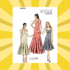 Może przedstawiać: Wz&oacute;r krawiecki Vogue Patterns z trzema r&oacute;żnymi wzorami sukienek w kolorze kremowym, koralowym i szarym. Wz&oacute;r zawiera tekst "CUSTOM FIT for ABCD cup sizes" i numer wzoru V8814.