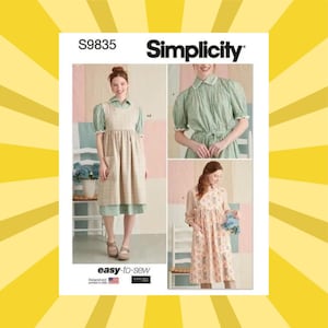 May include: Simplicity sewing pattern S9835 features three dress designs. The pattern includes a green dress with white trim, a beige apron dress, and a floral dress. The words "easy-to-sew" are printed on the bottom left.
