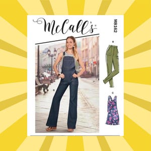 May include: McCall's sewing pattern M8162. The image shows a woman wearing denim overalls. The pattern also includes a pair of olive green trousers and a floral print romper. The McCall's logo is at the top left.