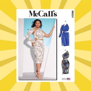 May include: McCall's M8331 sewing pattern envelope featuring a one-shoulder dress with a side cutout and ring detail. The pattern displays three variations: a long-sleeved leaf-print dress, a solid blue dress, and a dark floral print dress.