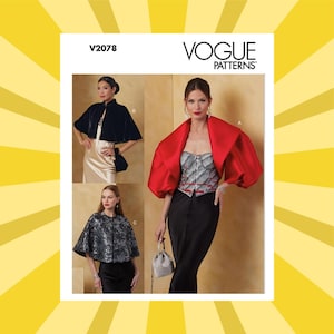 May include: Vogue Patterns V2078 sewing pattern featuring three different cape designs. The image shows a woman wearing a red cape with a silver and gray corset, a black velvet cape, and a silver and black patterned cape.