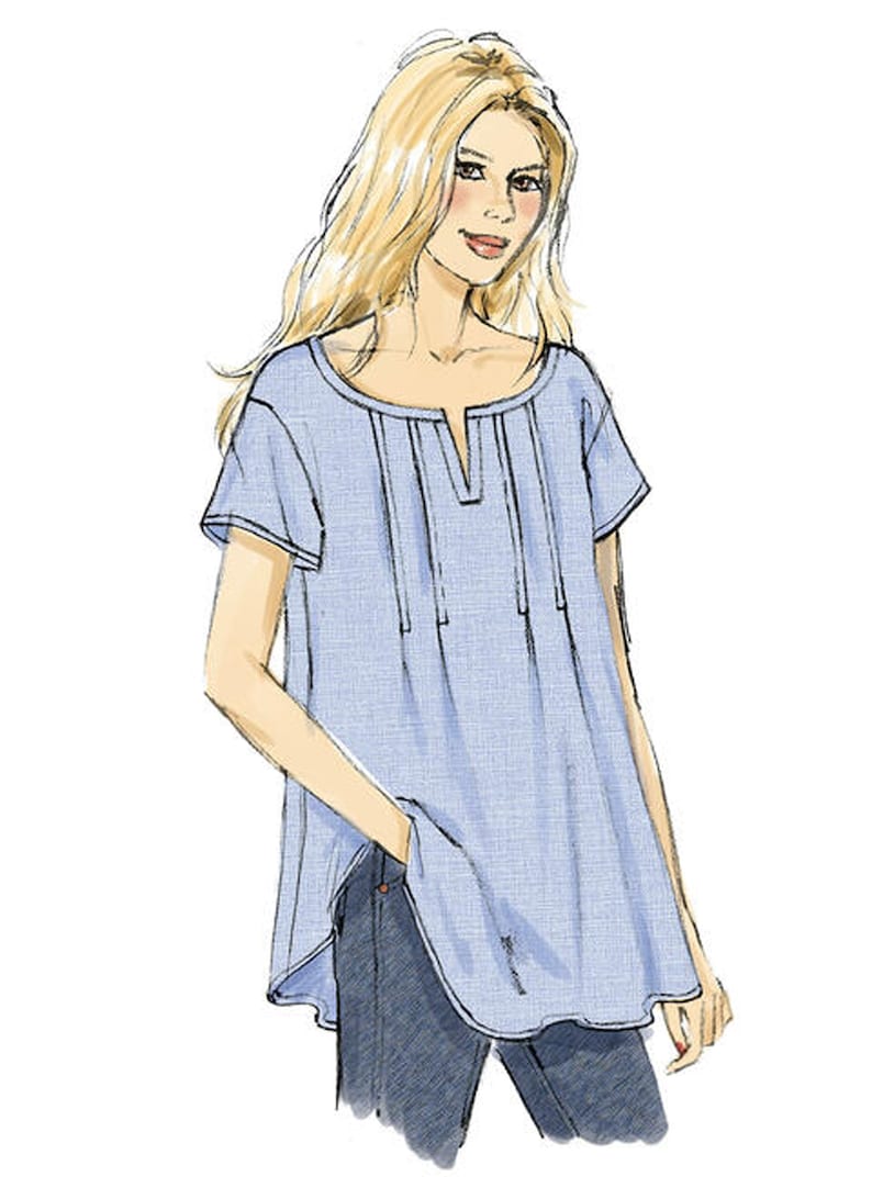 May include: Illustration of a pale blue short-sleeved tunic top with a split neckline and vertical pleats. The top is paired with dark blue jeans. The drawing is of a woman with long blonde hair.