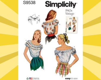 Easy Sewing Pattern for Womens Peasant Tops - Size 4 6 8 10 12 or 14 16 18 20 22 - UNCUT F/F - 1940s Vintage Simplicity 9538 S9538