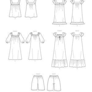 May include: Line drawings of sleepwear designs. The image shows a short nightdress, a long nightdress with frilled sleeves, a long nightdress with long sleeves, a long nightdress with a tie, and a pair of shorts. Each design has front and back views.
