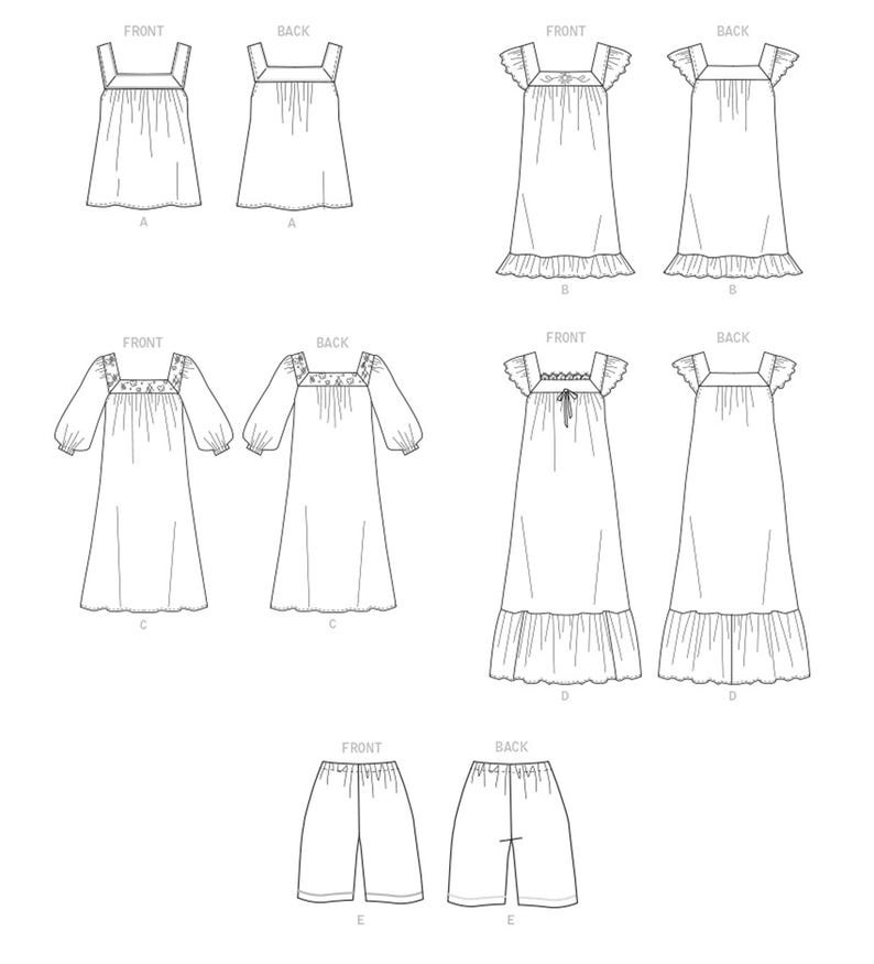 May include: Line drawings of sleepwear designs. The image shows a short nightdress, a long nightdress with frilled sleeves, a long nightdress with long sleeves, a long nightdress with a tie, and a pair of shorts. Each design has front and back views.