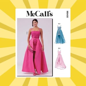 May include: McCall's M8450 sewing pattern featuring a woman in a pink sequined dress with a matching overskirt and clutch. The pattern includes illustrations of two additional dress designs. The background is yellow with white stripes.