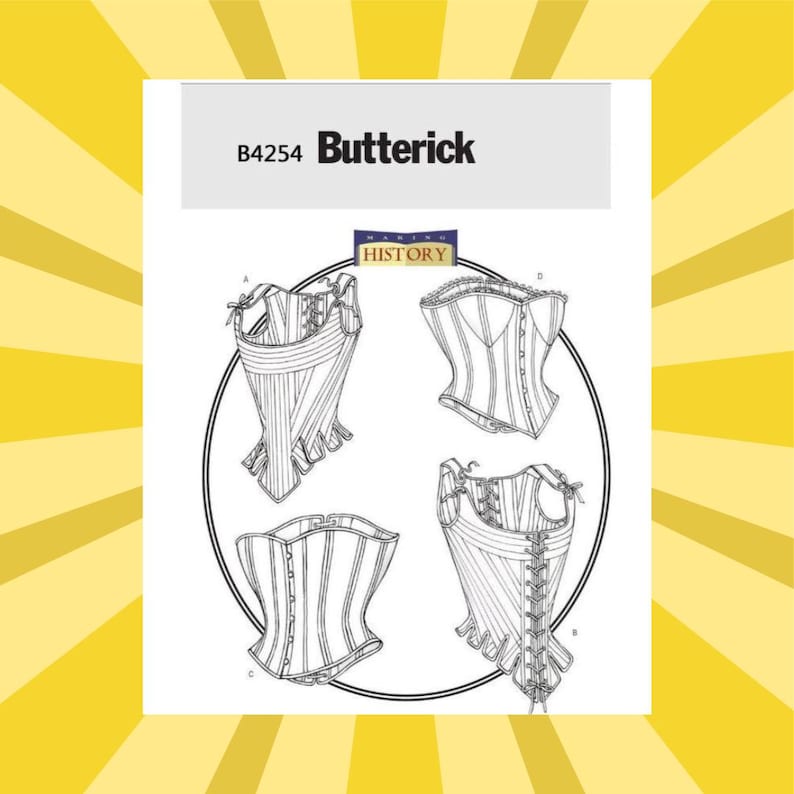 Op de afbeelding: Een wit naaipatroon van Butterick, B4254, met vier corsetontwerpen. Het patroon bevat gedetailleerde illustraties van de corsetten, met veter- en baleindetails. De ontwerpen zijn geplaatst tegen een witte achtergrond met een geel-witte gestreepte rand.