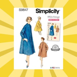 May include: Simplicity S9847 vintage sewing pattern featuring illustrations of women's coats. The main image shows a woman in a blue coat. Additional coat designs are in yellow and brown. The pattern is labeled "1950s Vintage" and "Simple to Make."