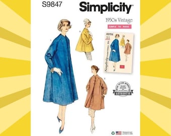Easy Sewing Pattern for Womens Swing Coat - Size 8-16 or 18-26 - UNCUT F/F - Authentic Reproduction 1950s Simplicity 9847 S9847