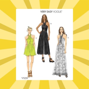 May include: A Very Easy Vogue sewing pattern, V9259, featuring three halter-neck designs: a romper, a jumpsuit, and a maxi dress. The illustrations show the garments in solid green, black with white polka dots, and a floral print. The pattern is set against a yellow background.