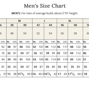 May include: A size chart for men's clothing, showing measurements in inches and centimeters for different sizes, including chest, waist, hip, shirt, sleeve, and neckband.