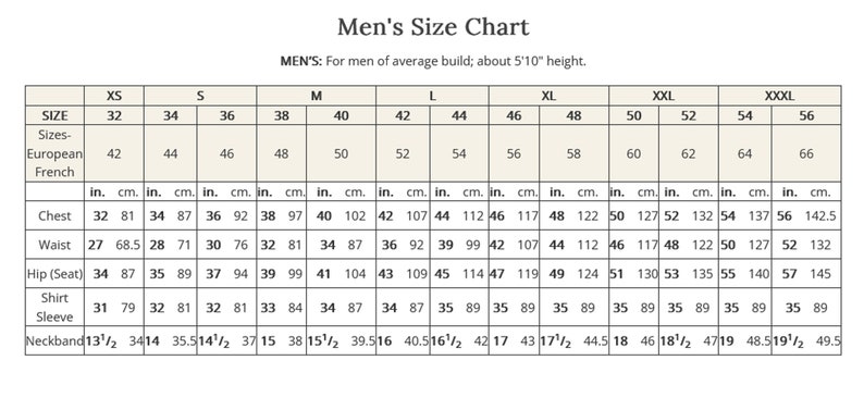 May include: A size chart for men's clothing, showing measurements in inches and centimeters for different sizes, including chest, waist, hip, shirt, sleeve, and neckband.