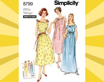 Easy Sewing Pattern for Womens Nightgowns - Size XS S M L XL (6 - 24) Classic Sleeveless - Uncut F/F - 1950's Vintage Simplicity 8799 S8799